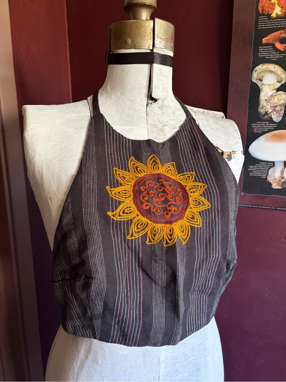 Embroidered Sun Halter Crop Top in Brown